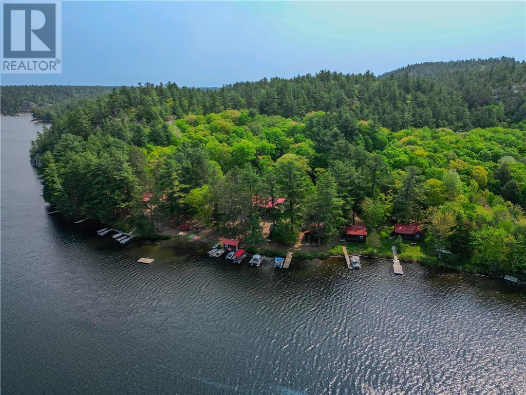 Aerial view of Charlton Lake Camp and its Northern Ontario waterfront